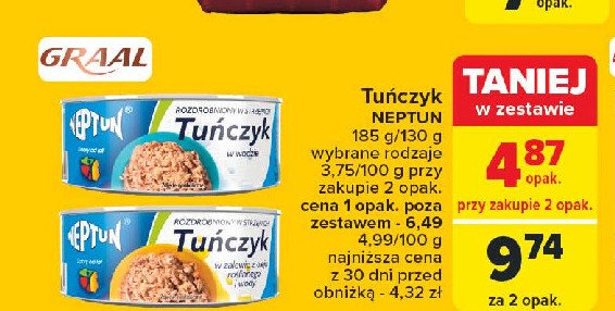 Tuńczyk rozdrobniony w wodzie Neptun promocja w Carrefour Market