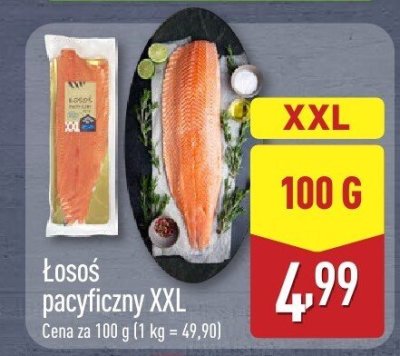 Łosoś pacyficzny XXL opak. cena za 100 g (1 kg = 49,90) promocja w Aldi