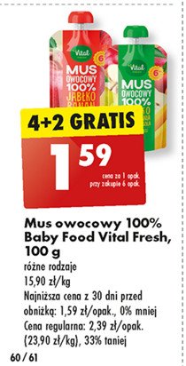 Mus jabłko-brzoskiwnia-banan-gruszka Vital fresh promocja w Biedronka