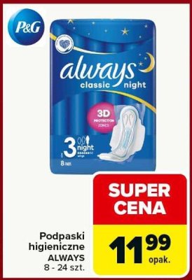 Podpaski higieniczne ALWAYS classic night 8 - 24 szt. promocja w Carrefour