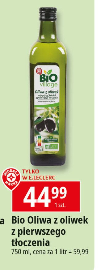 Oliwa z oliwek Wiodąca marka bio village promocja w Leclerc