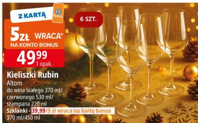 Kieliszki Rubin Altom do wina białego 370 ml/czerwonego 530 ml/szampana 220 ml (Szklanki - 39,99, 5 zł wraca na kartę bonus, 370 ml/450 ml) promocja w Leclerc
