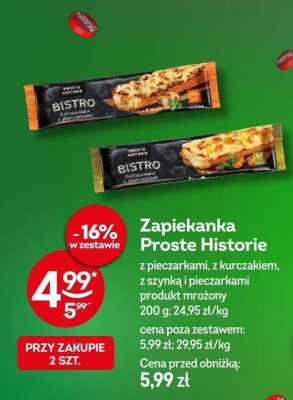 Zapiekanka Proste Historie z pieczarkami, z kurczakiem, z szynką i pieczarkami produkt mrożony 200 g promocja w Żabka