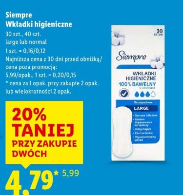 Wkładki higieniczne Siempre promocja w Lidl