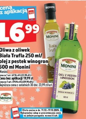Oliwa z oliwek Biała Trufla 250 ml/olej z pestek winogron 500 ml Monini promocja w TOPAZ