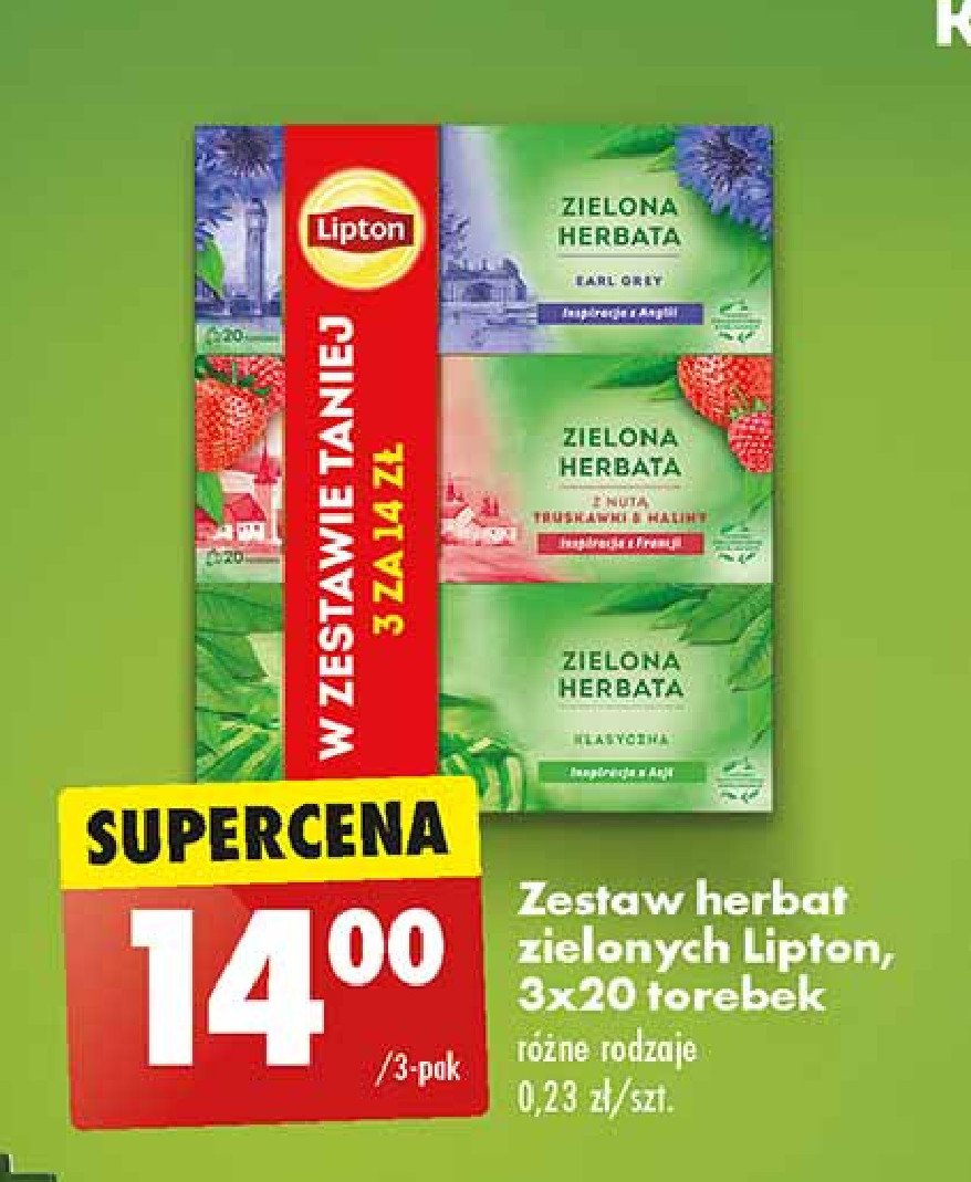 Zestaw herbat green: herbata earl grey 20x + herbata truskawka i maliny 20x + herbata zielona Lipton zestaw herbat promocja