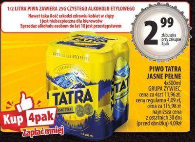 Piwo Tatra Jasne Pełne 4x500ml GRUPA ŻYWIEC promocja w Arhelan