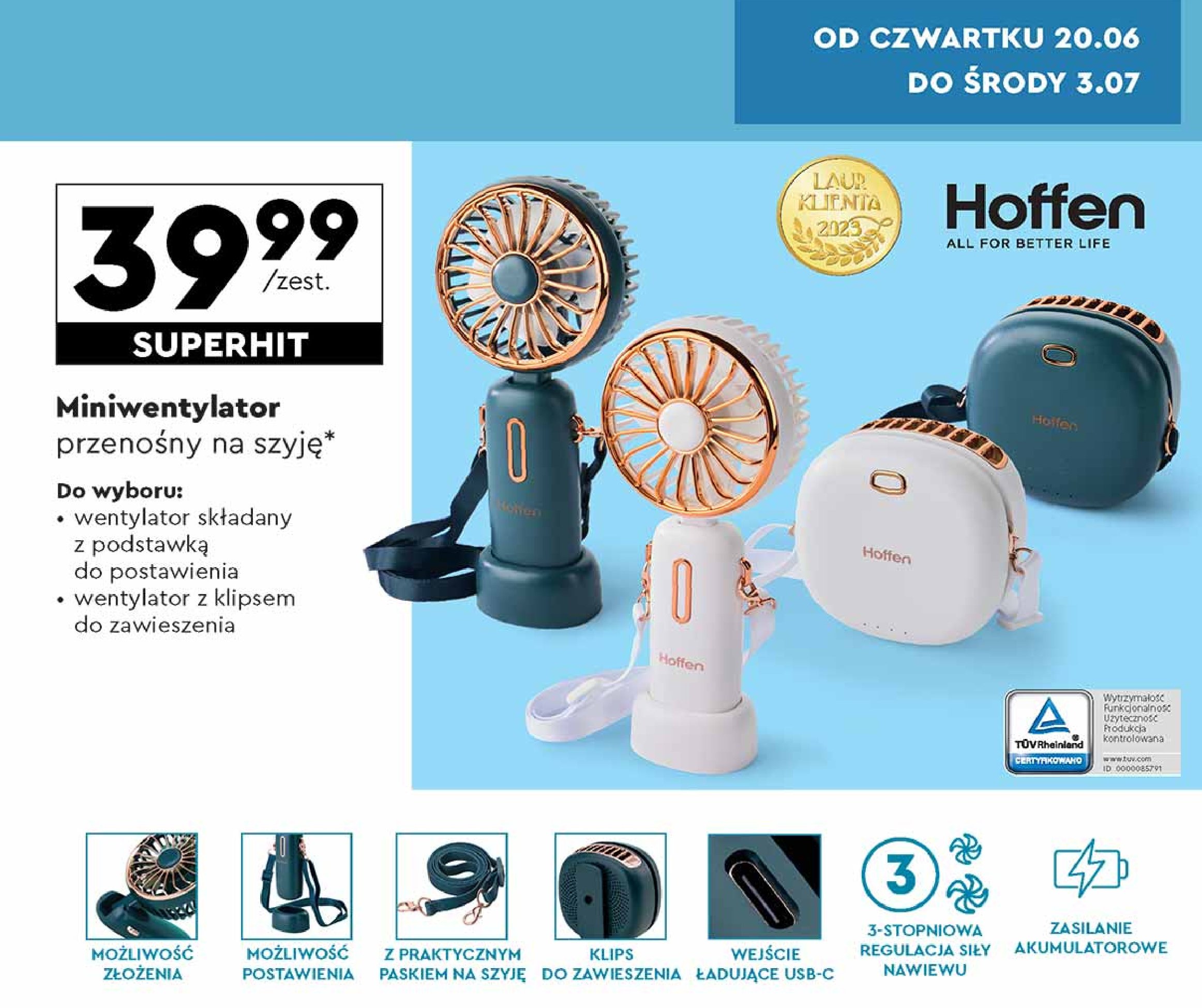 Wentylator mini z klipsem do zawieszenia Hoffen promocja