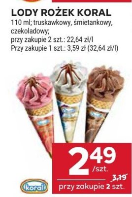 Lody rożek Koral truskawkowy, śmietankowy, czekoladowy promocja w Stokrotka