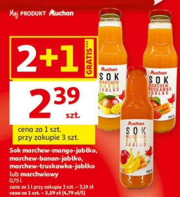 Sok marchew-mango-jabłko, marchew-banan-jabłko, marchew-truskawka-jabłko lub marchwowy Auchan promocja w Auchan