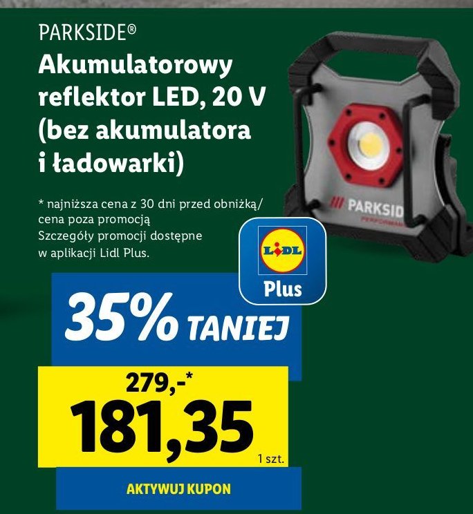 Reflektor akumulatorowy led 20 v Parkside promocja