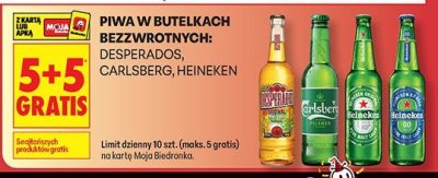 Piwo w butelkach bezzwrotnych: Desperados, Carlsberg, Heineken 5+5 gratis promocja w Biedronka