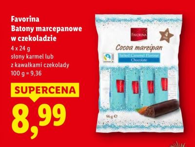 Batony marcepanowe w czekoladzie Favorina słony karmel lub z kawałkami czekolady promocja w Lidl