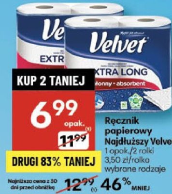 Ręcznik papierowy Velvet Extra Long promocja w Delikatesy Centrum