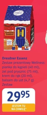 Zestaw prezentowy Dresdner Essenz Wellness: pianka do kąpieli (40 ml), żel pod prysznic (75 ml), krem do rąk (20 ml), balsam do ust (4,7 g) promocja w Drogerie DM