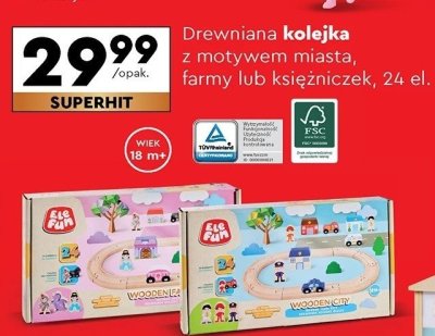 Drewniana kolejka z motywem miasta, farmy lub księżniczek Ele Fun 24 elementy promocja w Biedronka