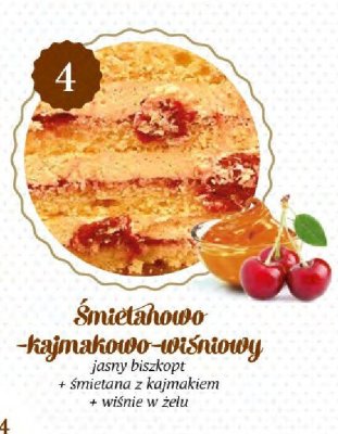 Tort śmietanowo-kajmakowo-wiśniowy (jasny biszkopt + śmietana z kajmakiem + wiśnie w żelu) Ciastkarnia Natalia i Szymon promocja w TOPAZ