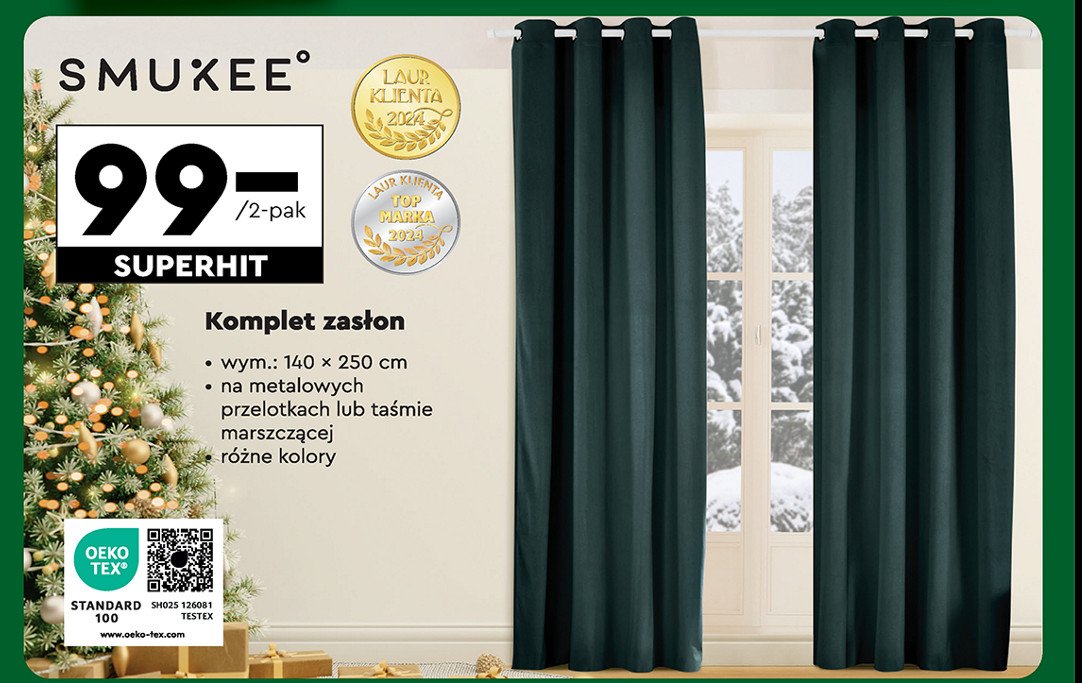 Zasłona aksamitna na przelotkach 140 x 250 cm Smukee home promocja w Biedronka