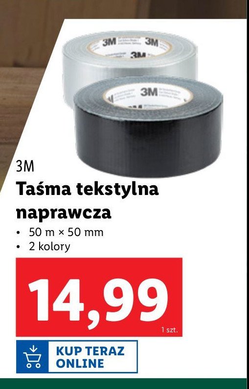 Taśma klejąca tekstylna 50 mm x 50 m srebrnoszara 3m promocja w Lidl