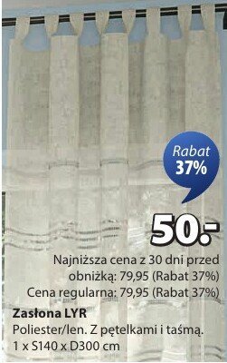 Zasłona LYR z pętelkami i taśmą. 1 x S140 x D300 cm promocja w Jysk