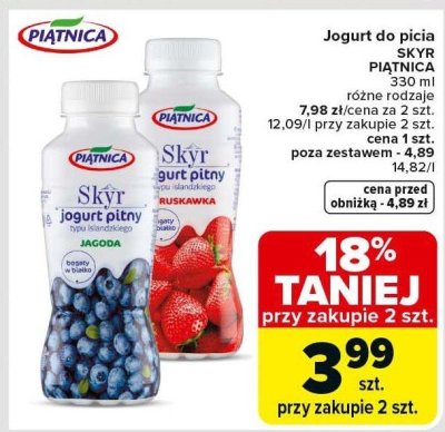 Jogurt do picia SKYR PIĄTNICA 330 ml różne rodzaje promocja w Carrefour