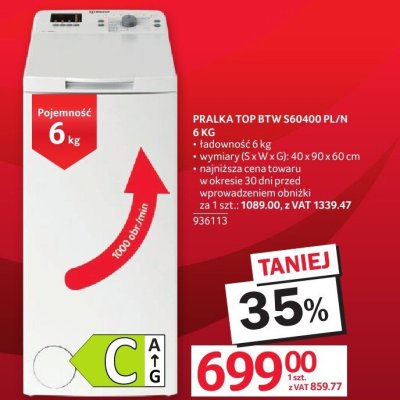 Pralka TOP BTW S60400 PL/N 6 KG promocja w Selgros