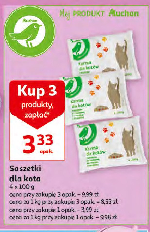 Karma dla kotów drób + wołowina + łosoś + cielęcina Auchan na co dzień (logo zielone) promocja