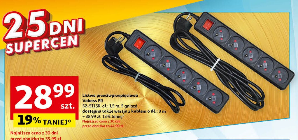 Listwa przeciwprzepięciowa 3 m 5 gniazd Vakoss promocja