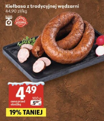 Kiełbasa z tradycyjnej wędzarni promocja w Delikatesy Centrum