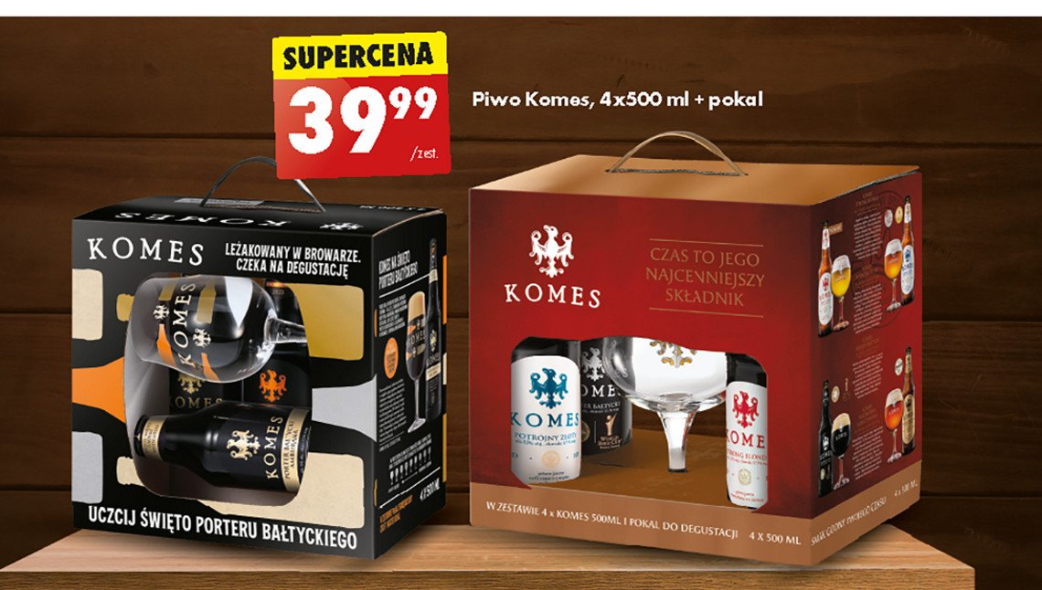 Zestaw 4 piw + pokal Komes porter bałtycki + podwójny ciemny + potrójny złoty + komes poczwórny bursztynowy promocja