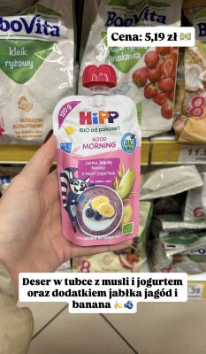 Deser mus Jabłka Jagody Banany z musli i jogurtem BIO promocja w Dino