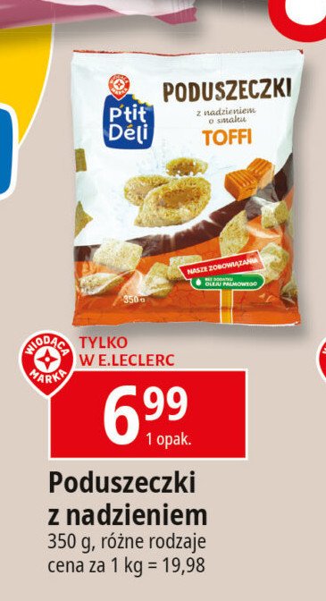 Poduszeczki z nadzieniem o smaku toffi Wiodąca marka p'tit deli promocja w Leclerc