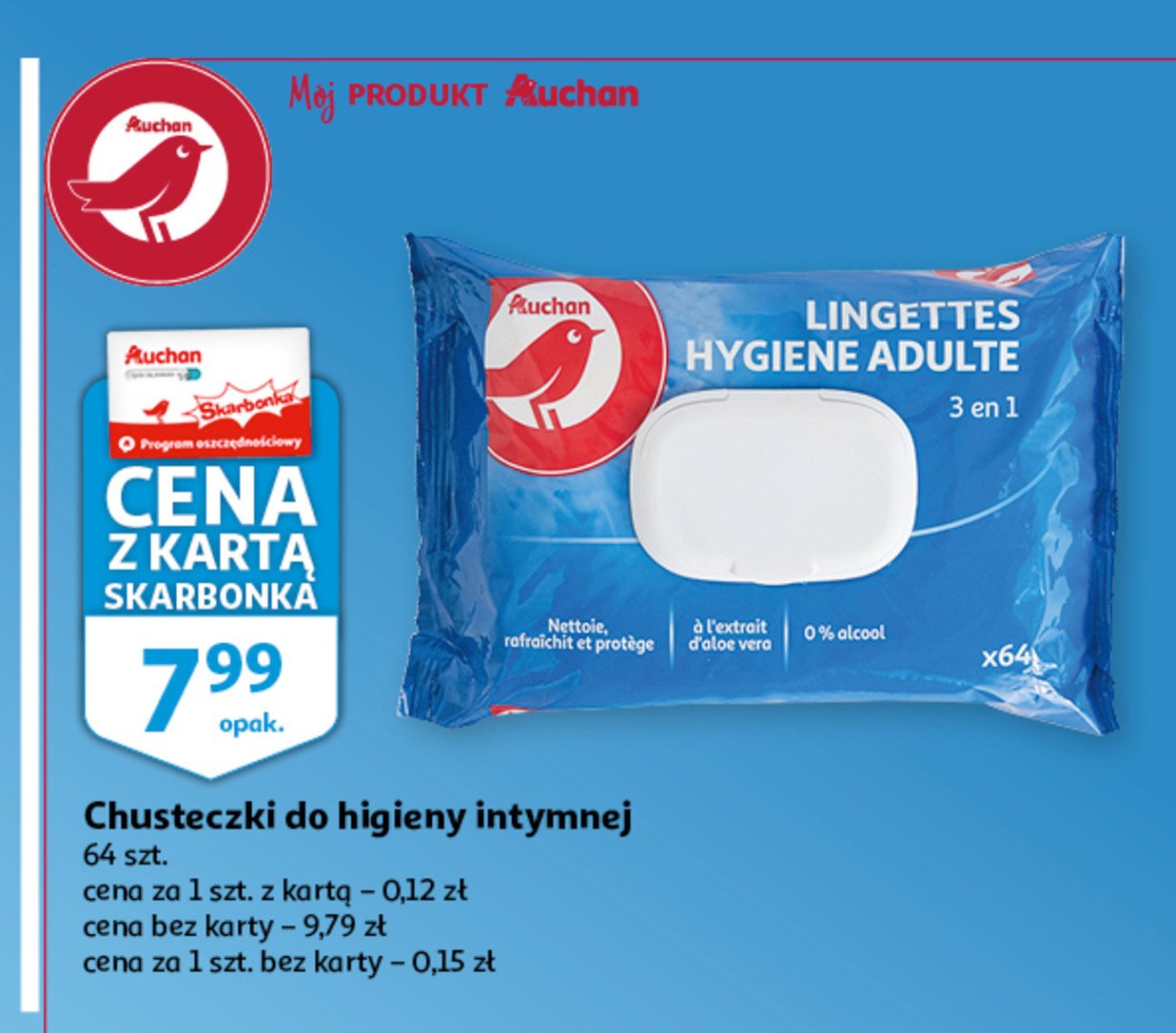 Chusteczki do higieny intymnej Auchan różnorodne (logo czerwone) promocja