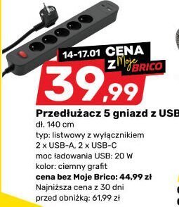 Przedłużacz 5 gniazd z USB dł. 140 cm promocja w Bricomarche