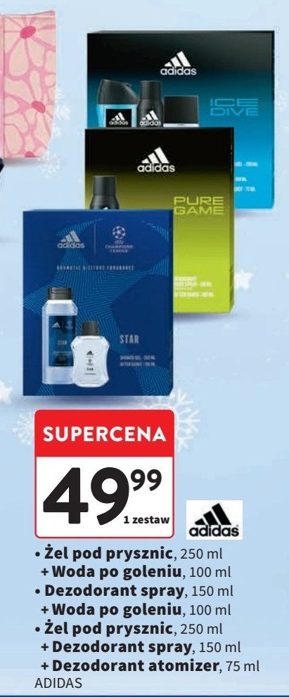 Zestaw w pudełku ice dive żel pod prysznic 250 ml + dezodorant 150 ml + woda toaletowa 100 ml Adidas zestawy Adidas cosmetics promocja w Intermarche