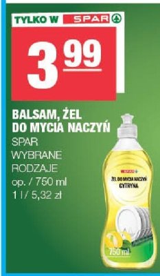 Balsam, żel do mycia naczyń Spar promocja w SPAR
