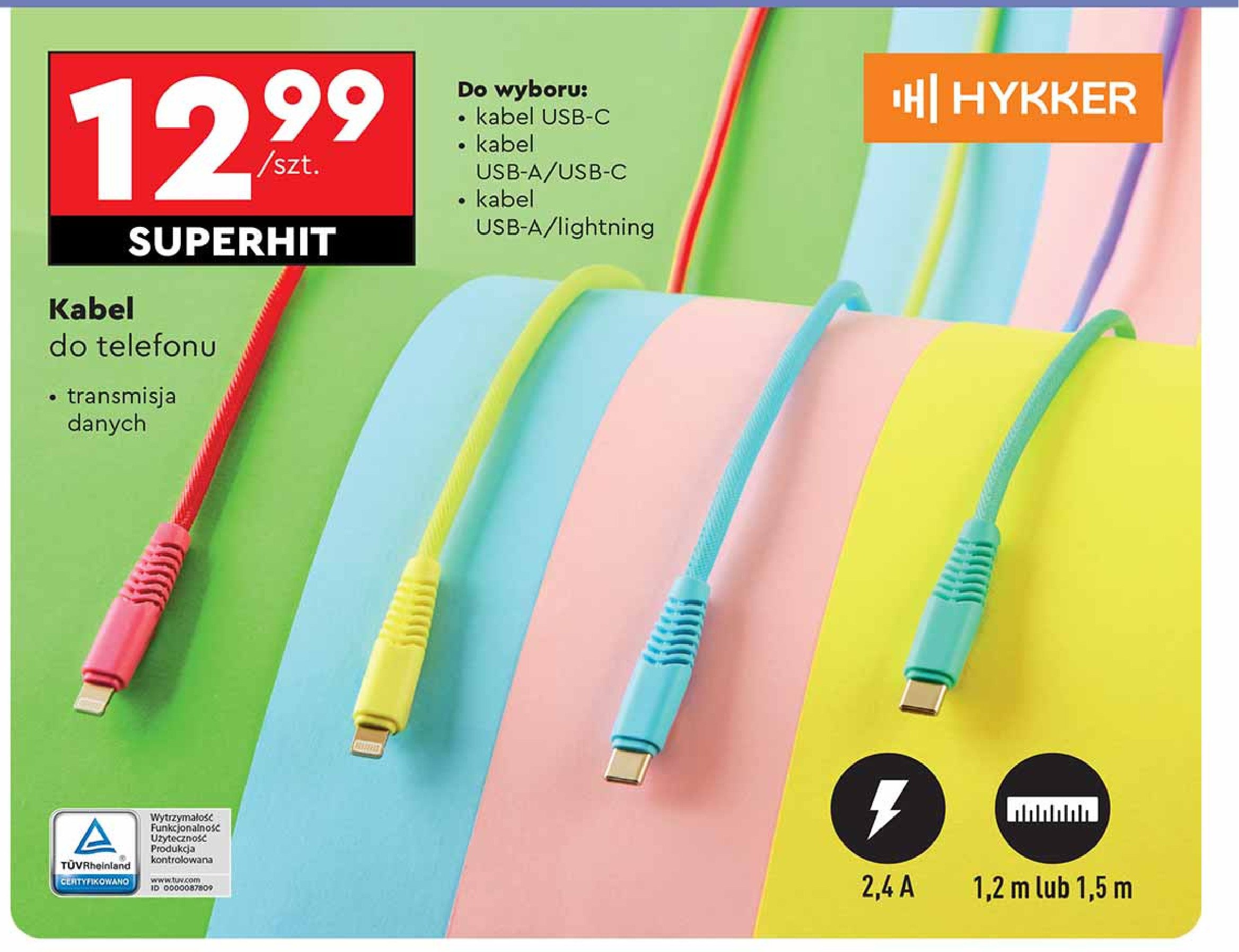 Kabel usb-c 1.5 m Hykker promocja w Biedronka