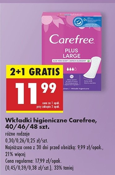 Wkładki higieniczne large fresh Carefree plus promocja w Biedronka