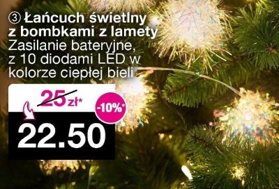 Łańcuch świetlny z bombkami z lamety Zasilanie bateryjne, z 10 diodami LED w kolorze ciepłej bieli promocja w Woolworth