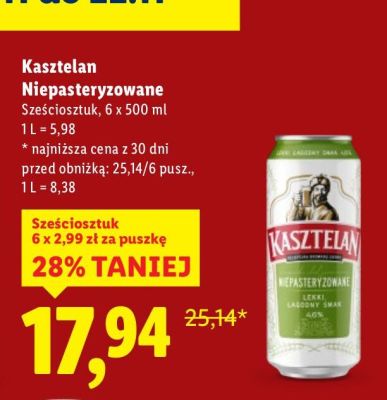 Piwo Kasztelan Niepasteryzowane promocja w Lidl