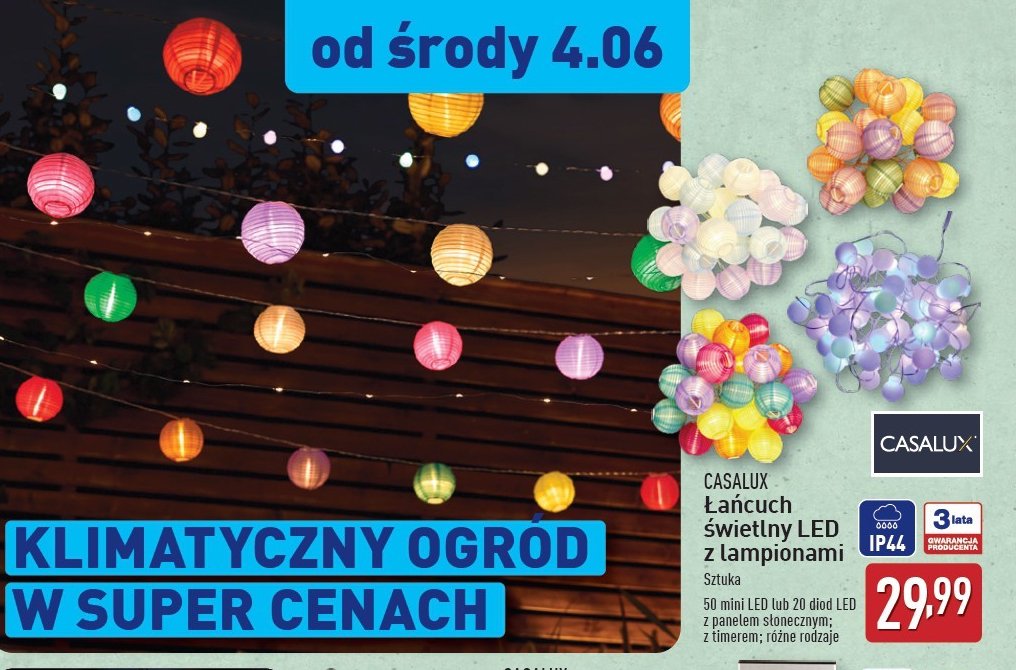 Łańcuch świetlny led z lampionami 50 led z timerem Casalux promocja w Aldi