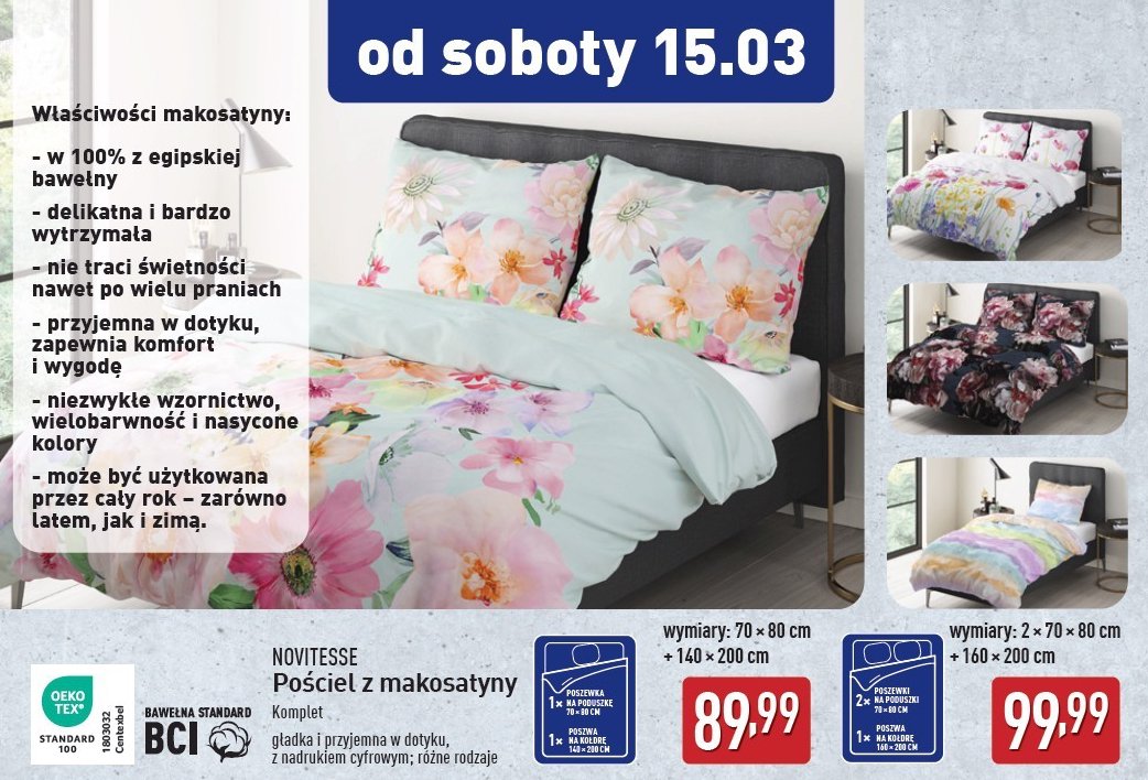 Pościel makosatyna 160 x 200 + 2x 70 x 80 cm Novitesse promocja w Aldi