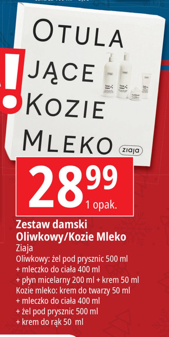 Zestaw w pudełku oliwkowa żel pod prysznic 500 ml + mleczko do ciała 400 ml + płyn micelarny 200 ml + krem do twarzy 50 ml Ziaja zestaw promocja w Leclerc