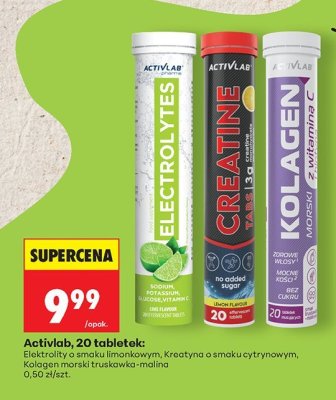 Activlab, 20 tabletek - Elektrolity o smaku limonkowym, Kreatyna o smaku cytrynowym, Kolagen morski truskawka-malina promocja w Biedronka