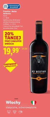 Wino Primitivo Merlot Ad Bestias czerwone półwytrawne promocja w Lidl