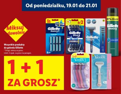 Produkty do golenia Gillette 1+1 ZA 1 GROSZ promocja w Lidl