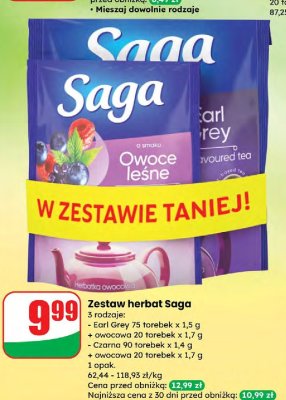 Zestaw herbat Saga 3 rodzaje: Earl Grey 75 torebek x 1,5 g + owocowa 20 torebek x 1,7 g, Czarna 90 torebek x 1,4 g + owocowa 20 torebek x 1,7 g promocja w Dino