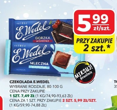 Czekolada E.Wedel Gorzka, Mleczna wybrane rodzaje, 80-100 g promocja w Top Market