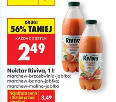 Nektar Riviva 1l marchew-brzoskwinia-jabłko, marchew-banan-jabłko, marchew-malina-jabłko promocja w Biedronka