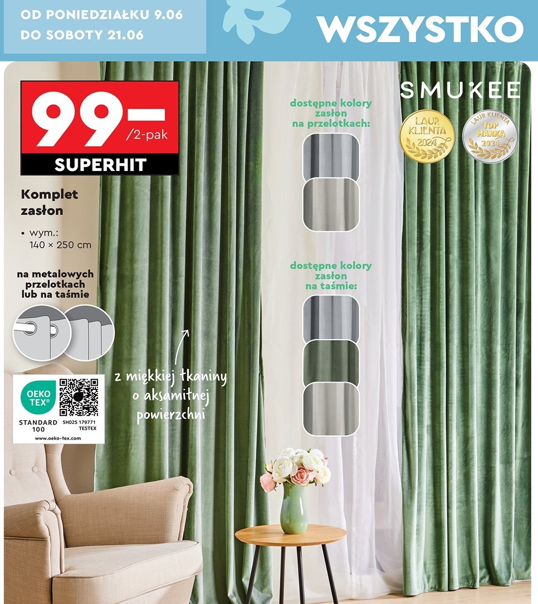 Komplet zasłon welwetowych 140 x 250 cm Smukee promocja w Biedronka